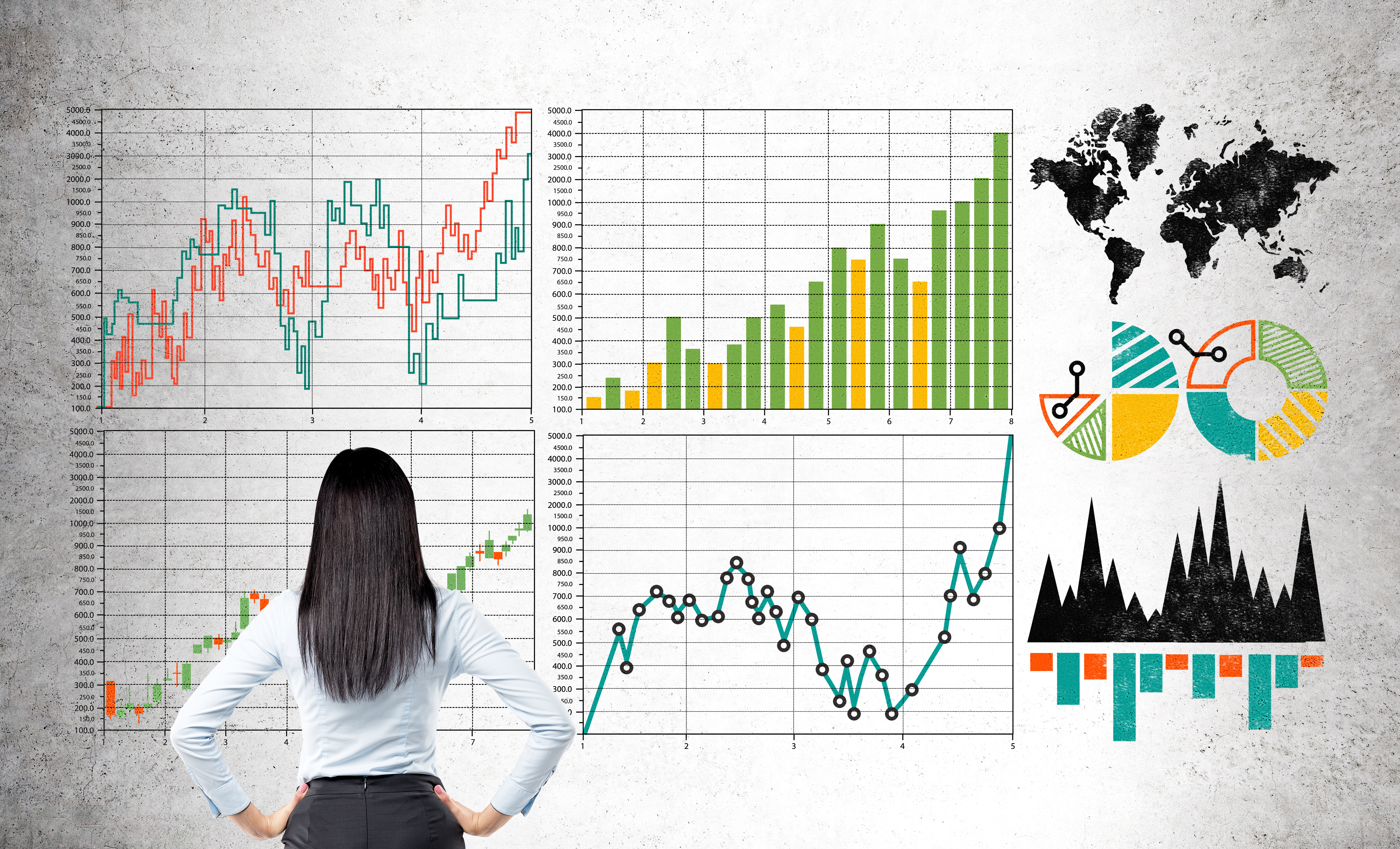 Financial forecast graphs and young woman